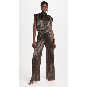 SABINA MUSAYEV Bronze Metallic Plisse Wide Leg Jumpsuit XL Mock Neck Sleeveless